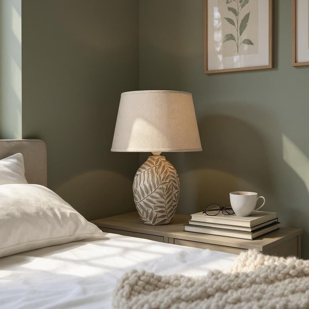 Ceramic Table Lamp with Minimalist Design, Textured Base and Fabric Shade, Ideal for Ambient Light in Any Room